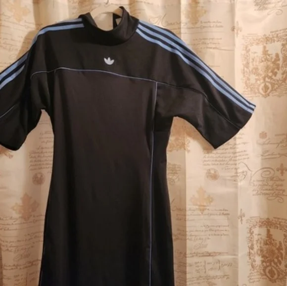 Adidas Originals Mock Collar Fitted Dress Black/Blue Sizes XS and S NWT - Picture 2 of 7